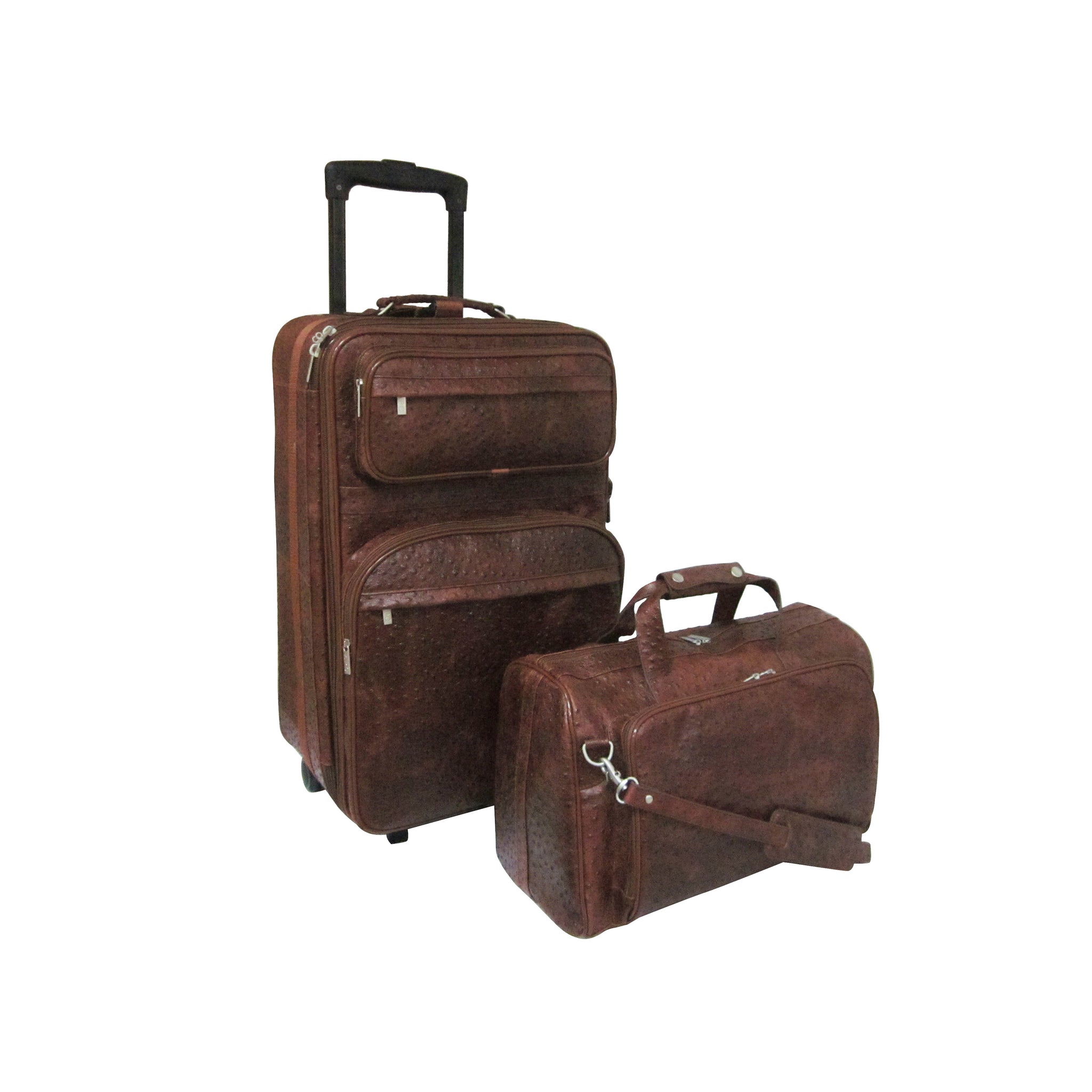 Amerileather Brown Ostrich Print Leather Two Piece Set Traveler (#8002-6)