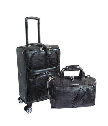 Amerileather Black Leather Croco-Print Two Piece Set Traveler on Spinner Wheels (#8602-0)