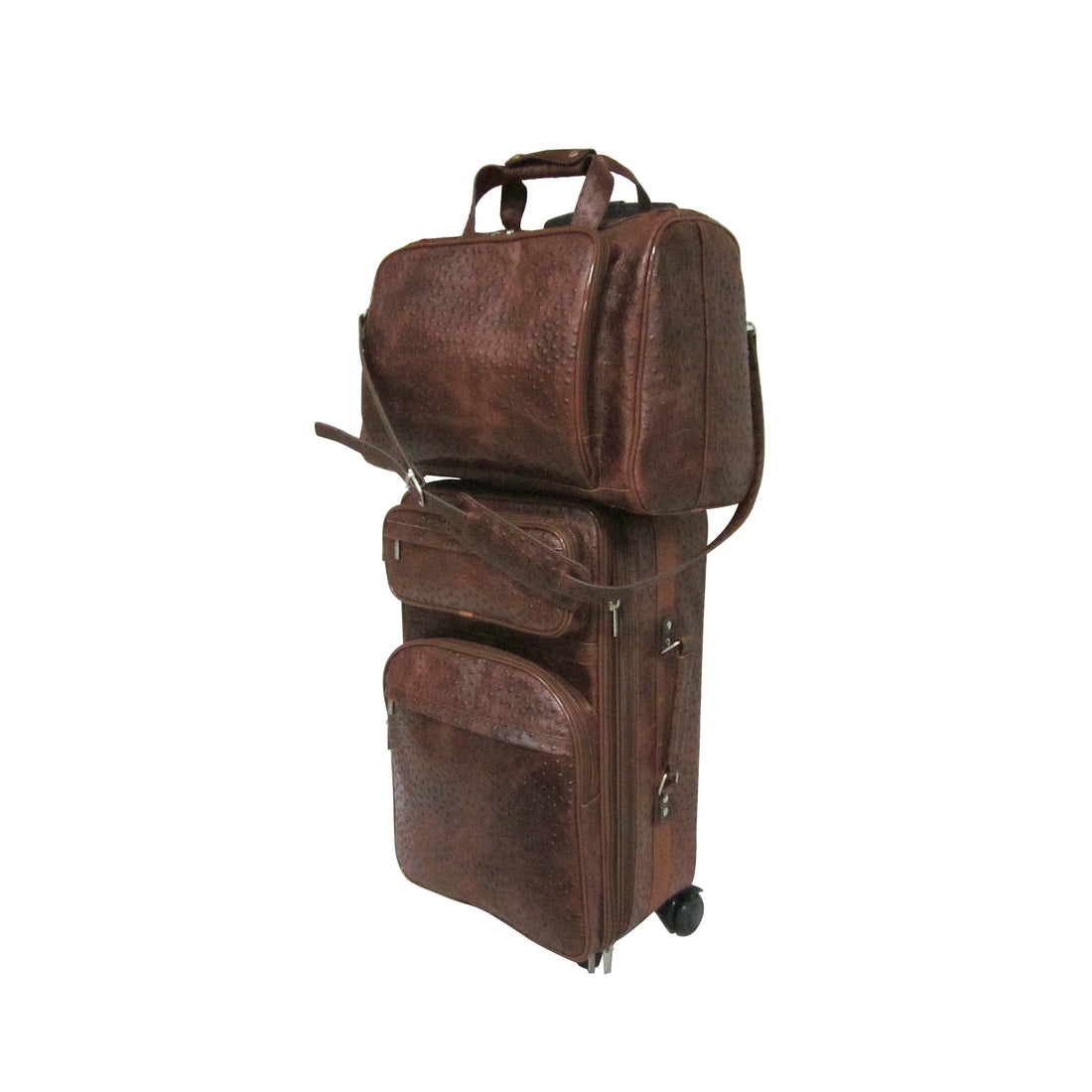 Amerileather Brown Ostrich Print Leather Two Piece Set Traveler (#8002-6)